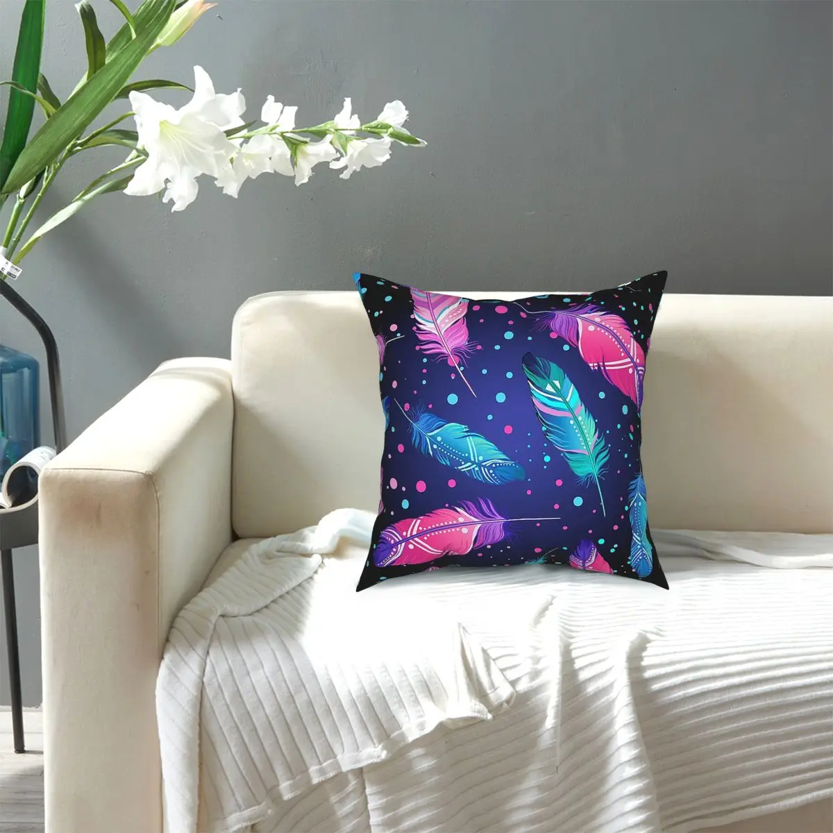 

Decorative Boho Featrers On Black Throw Pillo Square Pillow Case Decorative Pillow Funny Pillowcover Home Decor