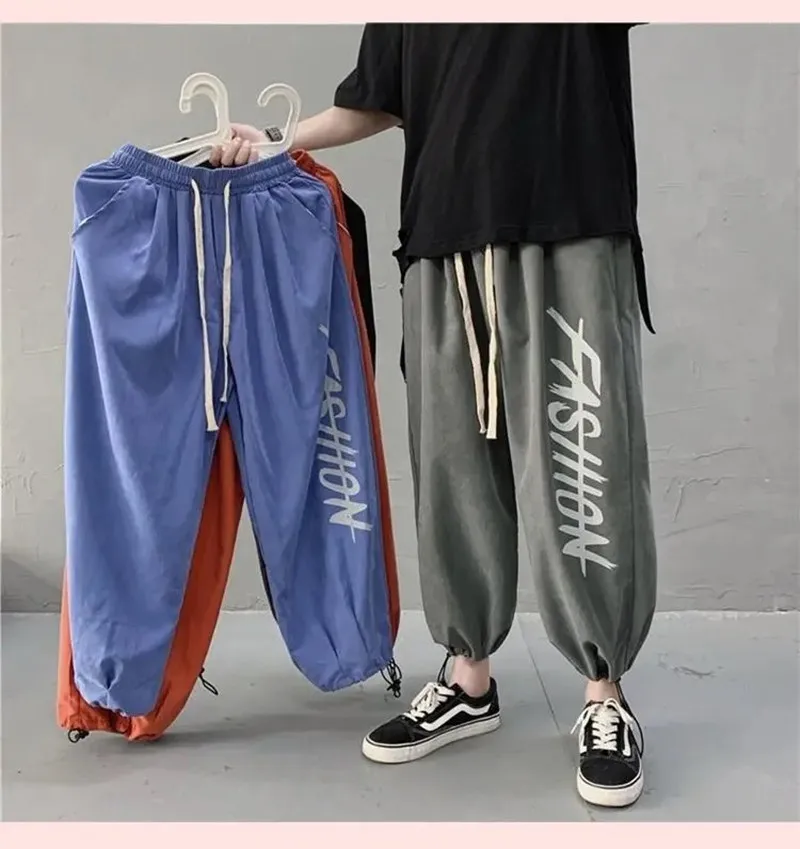 

Summer Casual Harajuk Pants Hong Kong Style Letter Printing Loose Men Trend Streetwear Handsome Drawstring Ankle-length Trousers