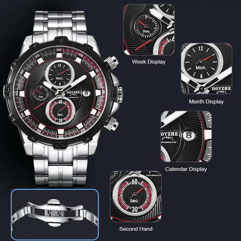 BOYZHE Steel Automatic Mechanical Watch Men's Multi-function Male Sports Watches Waterproof Luxury Clock Three Eyes Reloj | Наручные