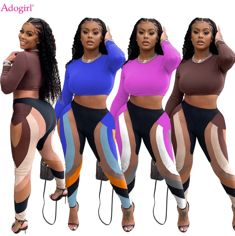 

Adogirl Women Tracksuit Jogging Suit Solid Long Sleeve T-shirt Crop Tops Striped Print Pencil Pants Slim Casual Sportswear