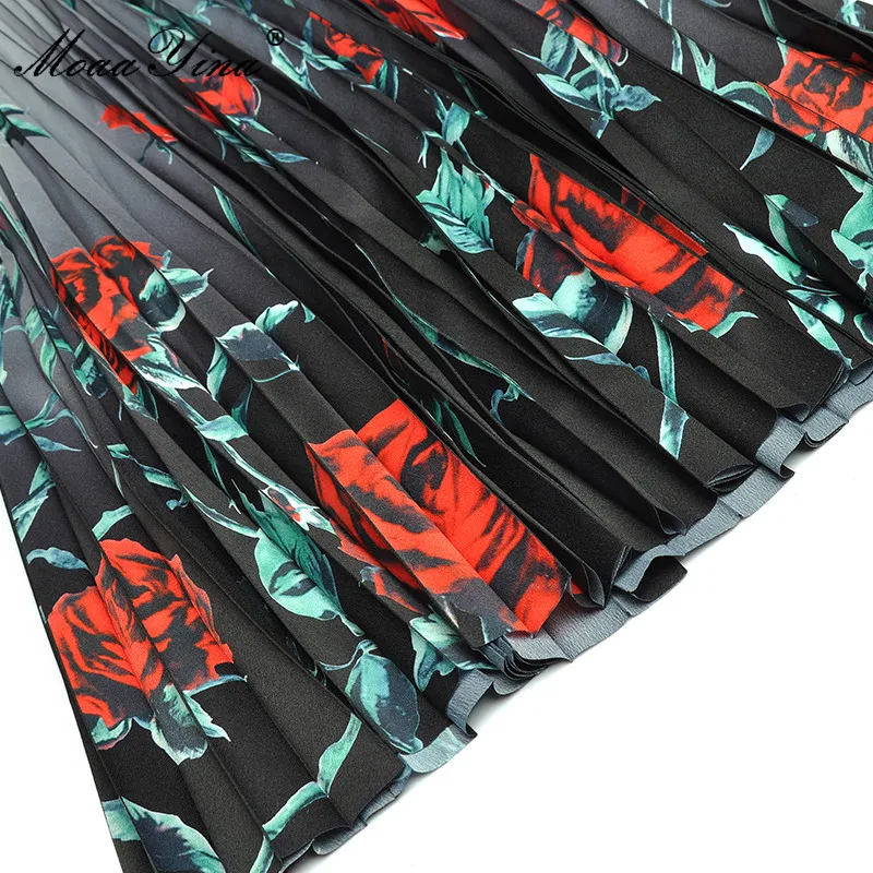 

MoaaYina Summer New Fashion Designer Elegant Mid-Length Dress Women V-Neck Knitting Splicing Floral print Pleated Dress