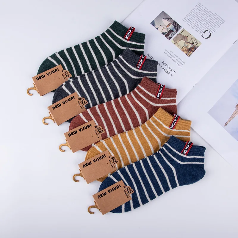 High quality cotton 5 pairs of socks men's stripe socks men's leisure sports boat socks sweat absorbing breathable cotton socks