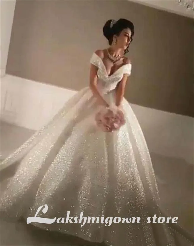 

Arabic Bling Ball Gown Wedding Dresses Off Shoulder Sparkly Chapel Train Glitter Glued Sequined Lace Plus Size Bridal Gowns