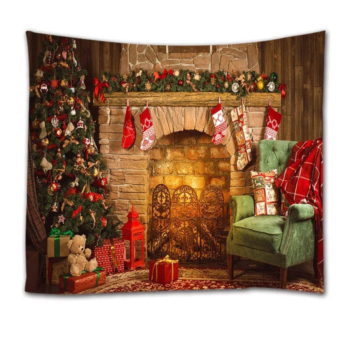 

Amawill Christmas Tapestry Photo Backdrop Christmas Tree and Fireplace Interior Decor New Year Tapestry Wall Hanging 150 x 100cm