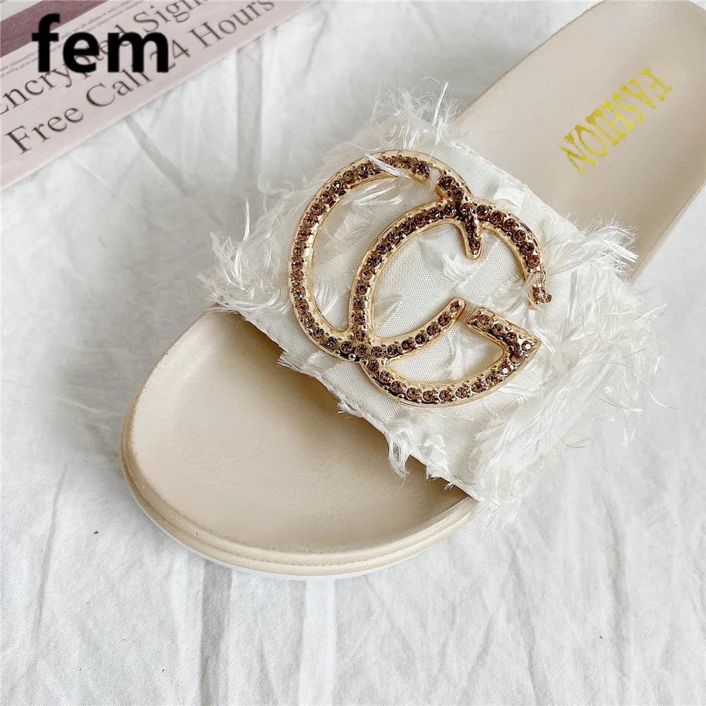 

Fluffy Slippers For Women Metal Decoration Slides Thick Bottom Flat Platform Fashion Feather Ladies Shoes Sandalias Summer Shoes