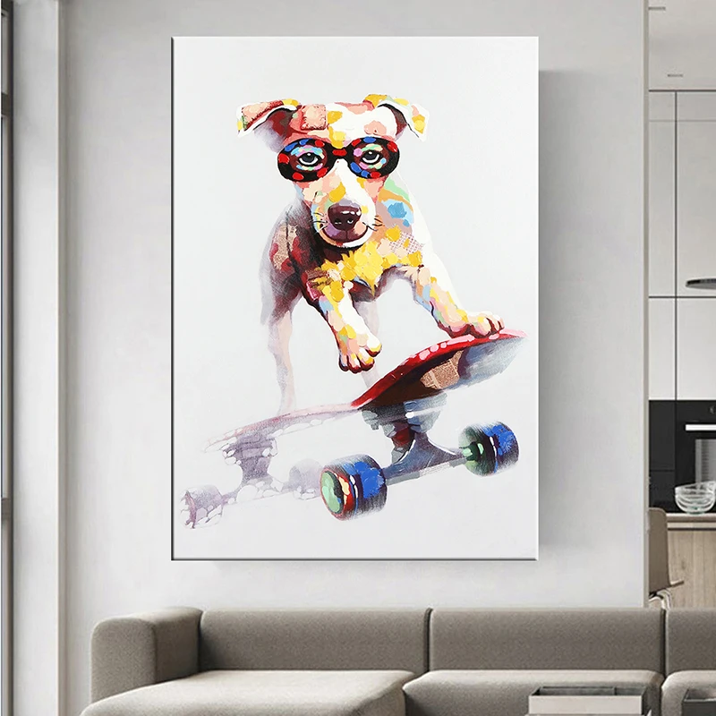 Dog Playing Scooter Canvas Print Oil Painting Hand Painted Living Room Abstract Wall Pictures Hoom Decor Animal Posters | Дом и сад