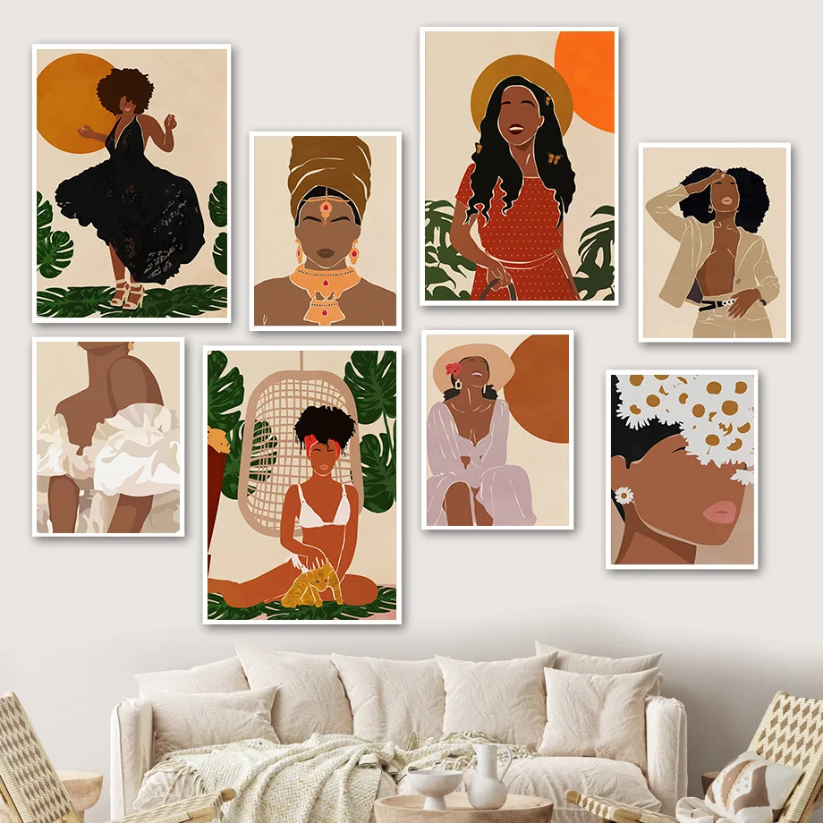 

African Woman Flower Monstera Abstract Wall Art Canvas Painting Nordic Posters And Prints Wall Pictures For Living Room Decor
