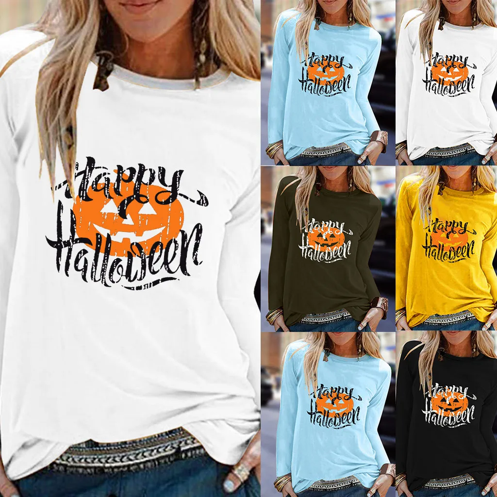 Женская Повседневная рубашка с принтом на Хэллоуин топ круглым вырезом и
