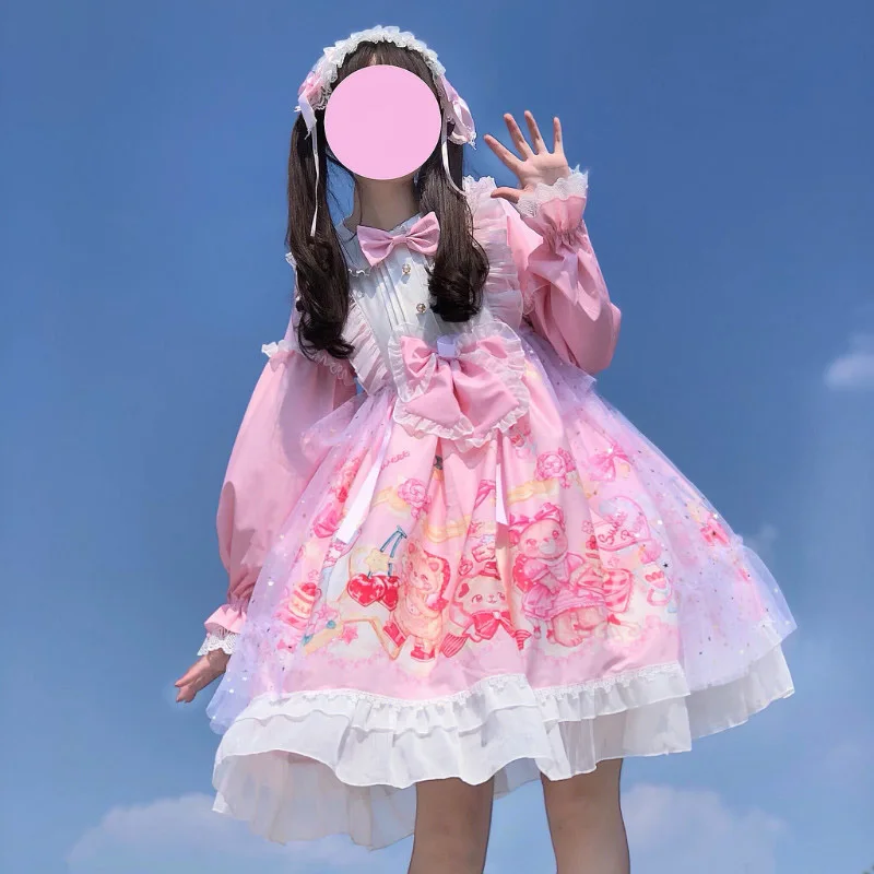 Купи Anbenser Kawaii Japanese Lolita Dress Women Spring Sweet Cute Vintage Bear Tea Party Lolita Soft Girl Lace Ruffle Pink Dress OP за 2,844 рублей в магазине AliExpress