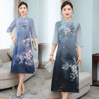 chinese style dress for women long summer new short sleeved dress ladies improved cheongsam dress imitation silk elegance