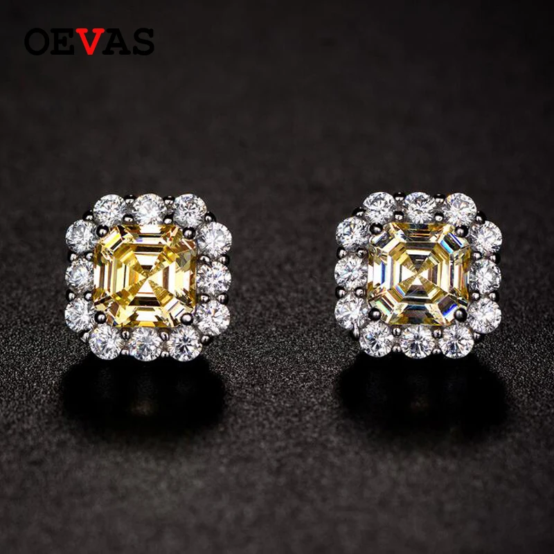 

OEVAS 100% 925 Sterling Silver Sparkling Pink Yellow White 7*7 High Carbon Diamond Stud Earrings For Women Party Fine Jewelry
