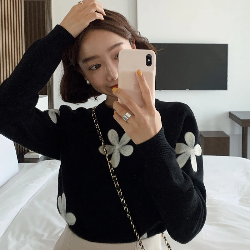 Женский свитер с вышитым цветком Gaganight пуловер длинным рукавом и круглым вырезом