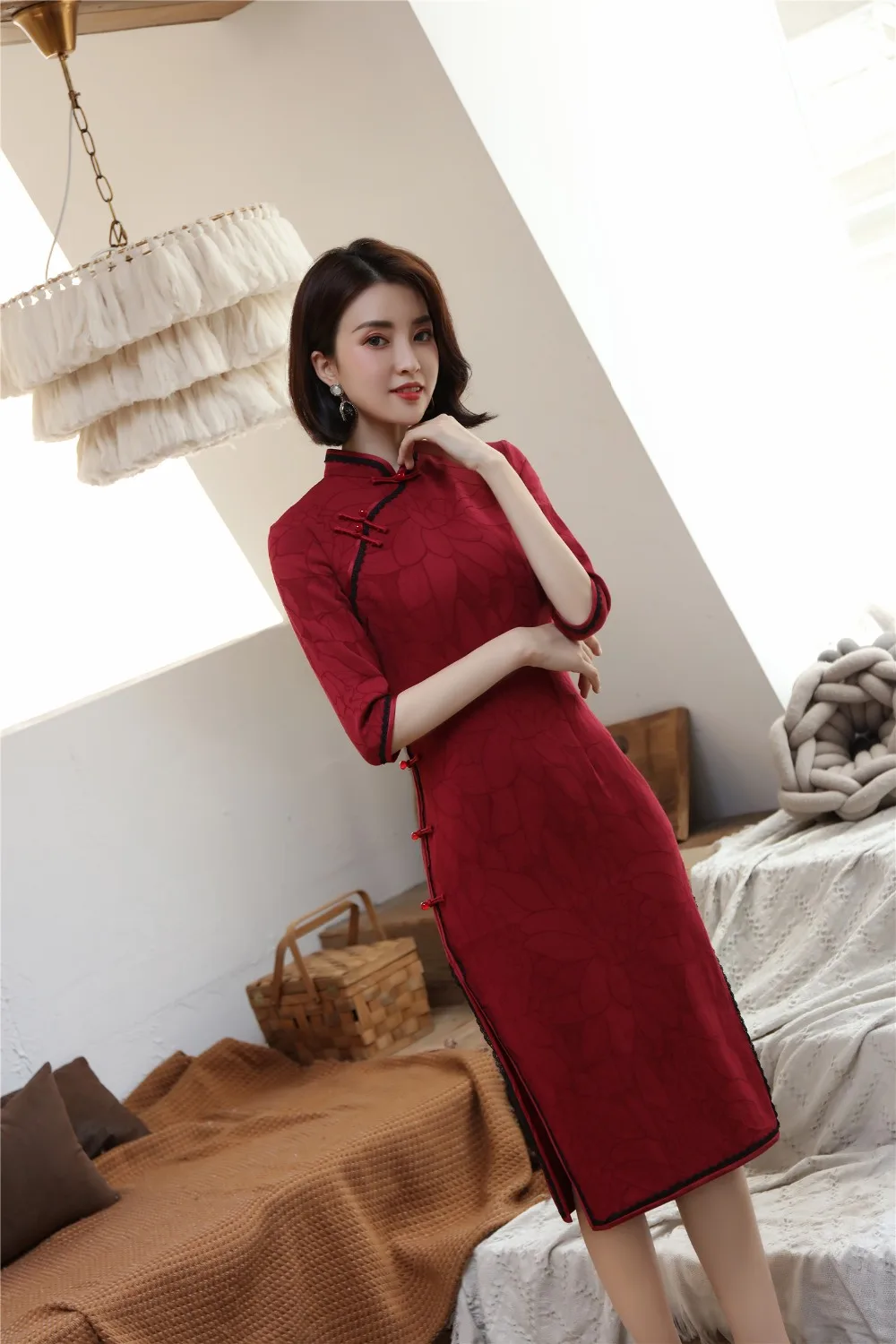 Шанхай история Половина рукава по колено cheongsam платье хлопок лен Винтаж Ципао китайское платье китайский стиль платье для женщин