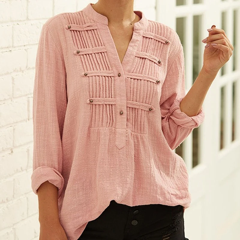 

Plus Size 3XL Women Cotton Linen Pleated Solid Color Blouse Tops And Blouses V Neck Long Sleeve Female Shirt Pullover Wholesale