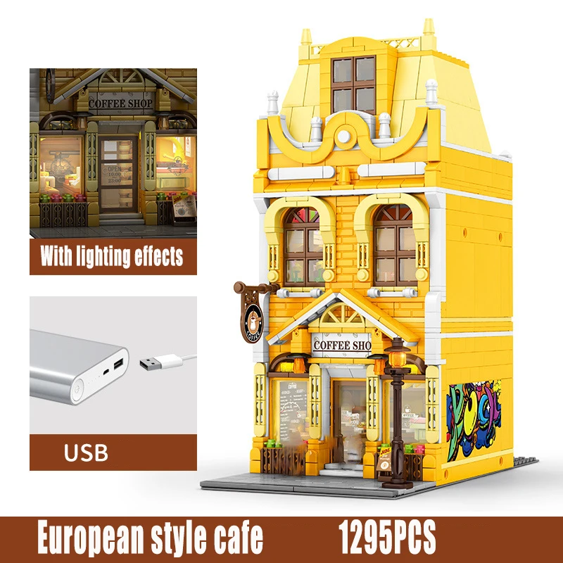 

New MOC European Style Bookstore Cafe Model Bricks With Light DIY City Street View Series Building Blocks Toys for Kids Gifts