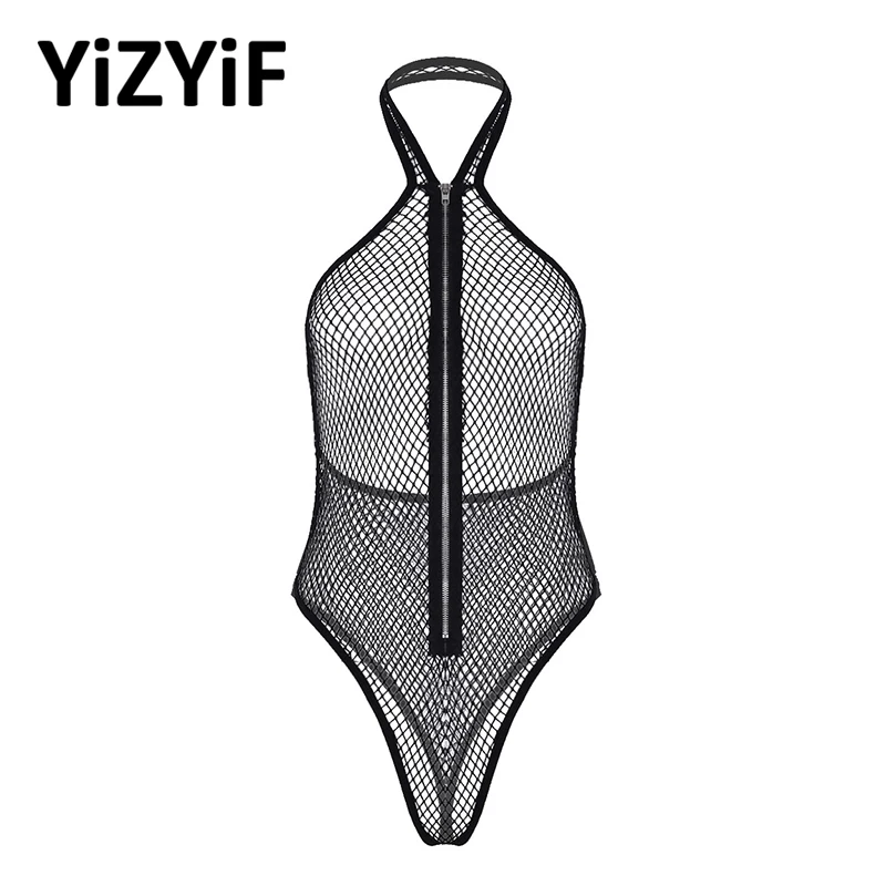 

Women One-piece Bodysuit Lingerie See Through Fishnet Mesh Halter Neck Zip Up Thong Bodysuit Sexy Clothes Nightwear Sleepwear