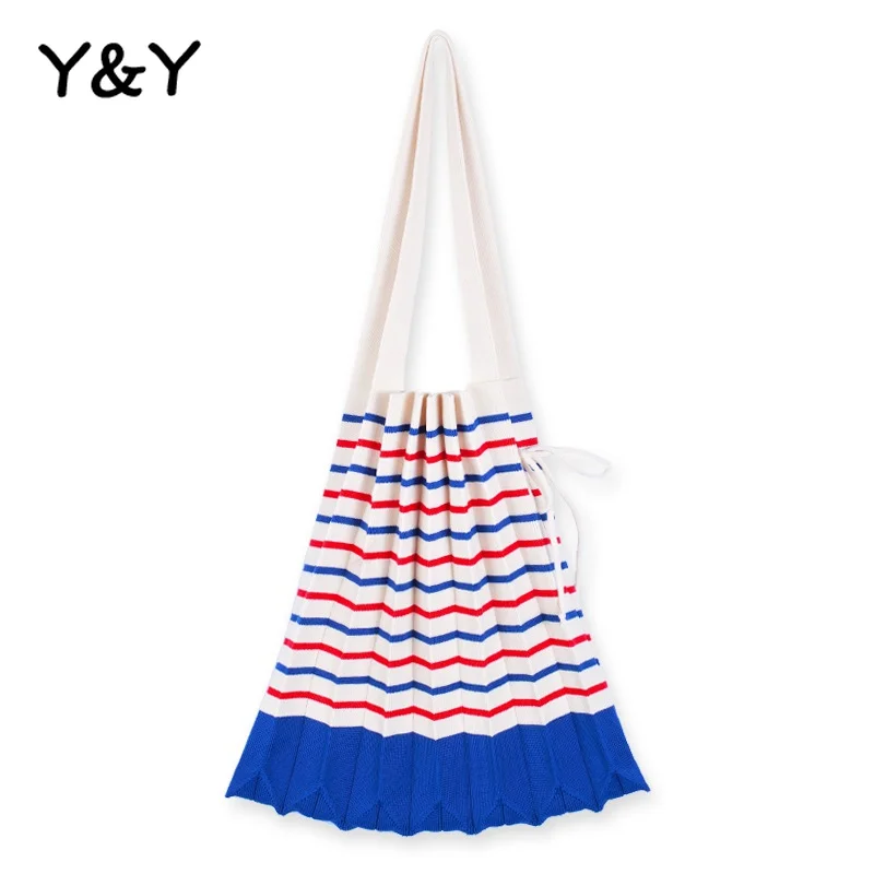 

Шерстяные вязаные сумки Y & Y, сумки на плечо в полоску с ножницами, плиссированные пляжные сумки со складками гармошкой, женские сумки для по...