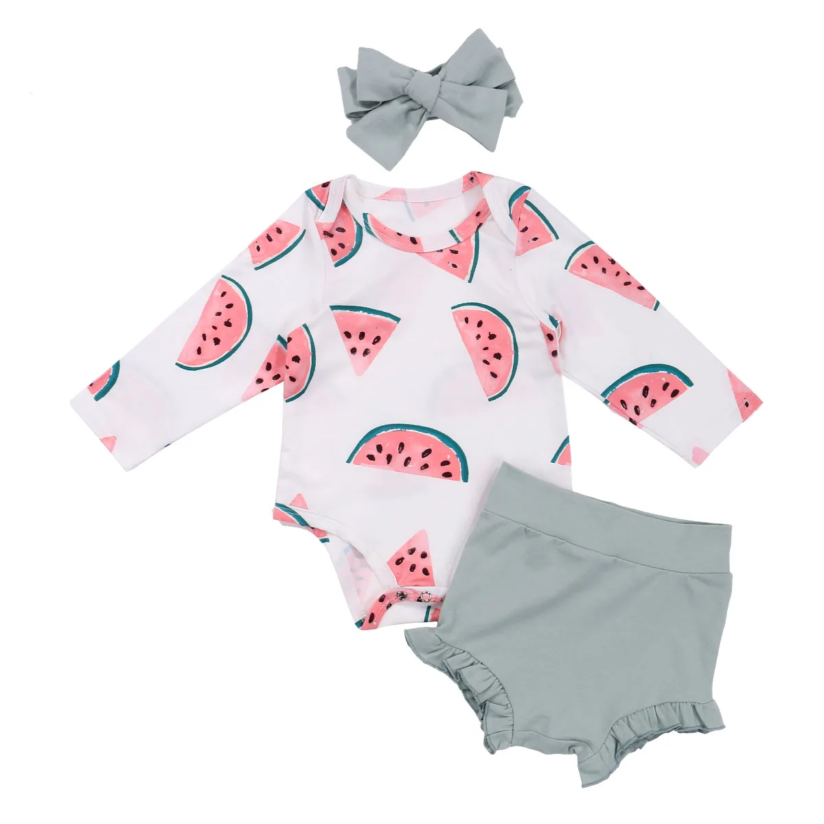 

0-18M Newborn Girls Boys Clothes Sets Watermelon Print Long Sleeve Romper Tops Shorts Headband