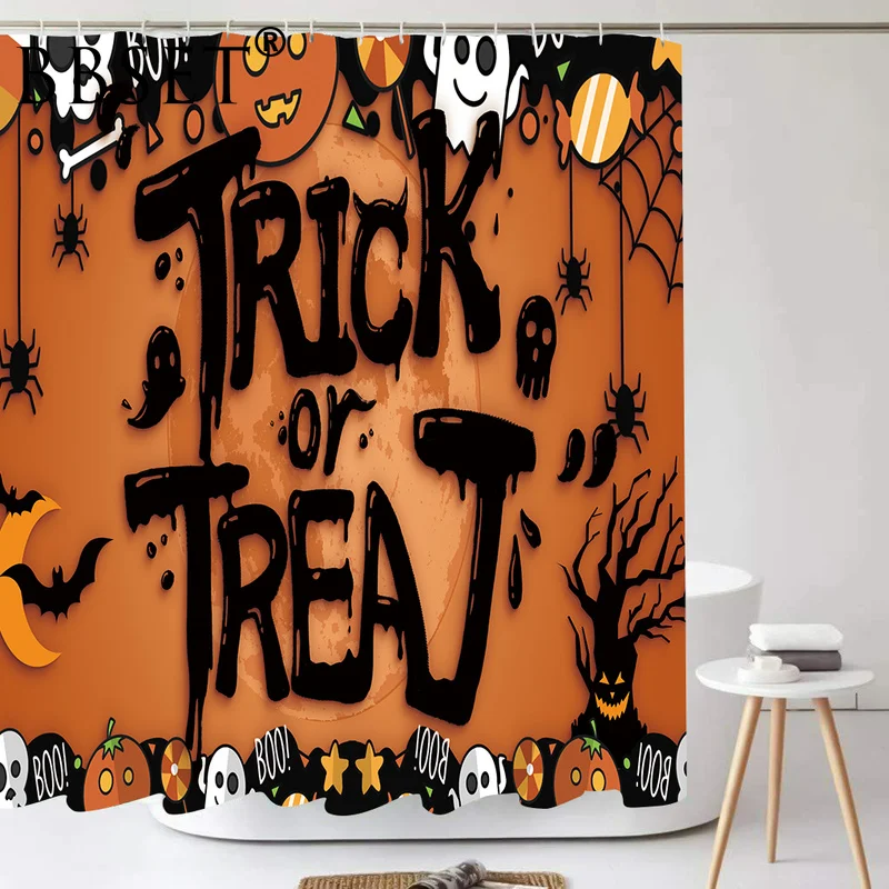 

Halloween Theme Shower Curtain Trick or Treat Pattern Waterproof Multi-size Douchegordijn Bathroom Decor with 12 Hooks