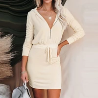 women fashion casual autumn winter warm dress mid waist long sleeve v neck girl waist tie hooded mini dress front zipper dress