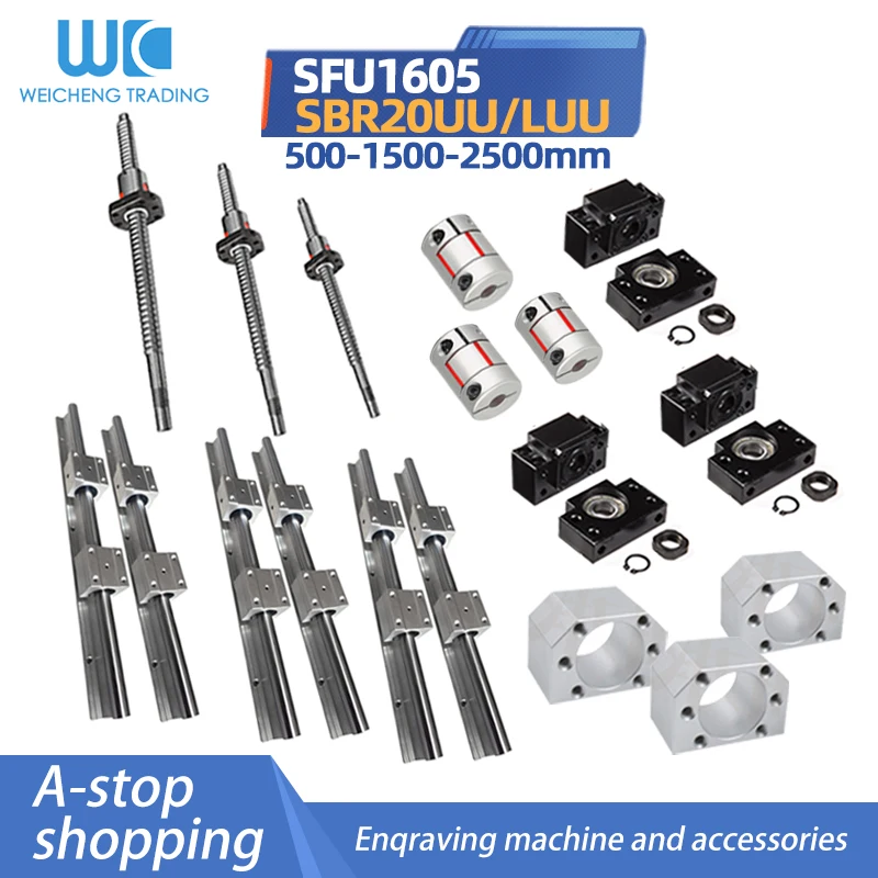 

6set SBR20-2500-1500-500mm+12pc SBR20UU+3PC SFU1605+nut +end machiend+nut boday DSG16H+bkbf12+coupler cnc machine