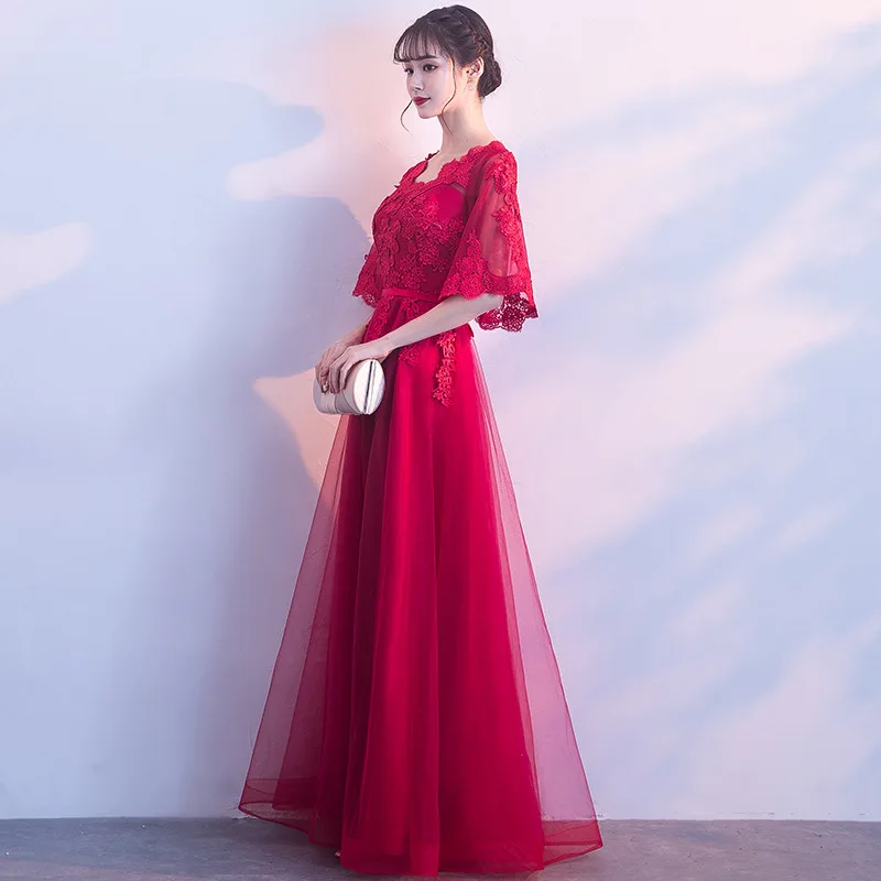 

Длинное Элегантное вечернее платье бордового цвета, женское кружевное сексуальное платье-Ципао с круглым вырезом, ТРАПЕЦИЕВИДНОЕ китайско...