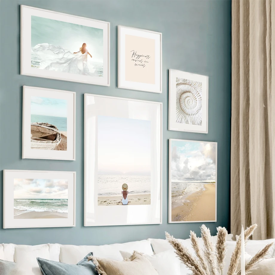 Пляжная Девушка деревянная лодка Морская ракушка цитаты настенная Картина на