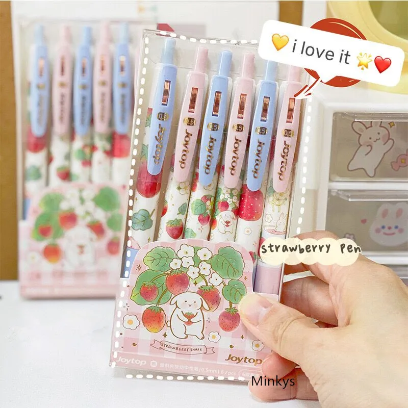 MINKYS New Arrival 0.55mm 6pcs/lot Kawaii Rabbit Strawberry Black Ink Pen Signature Pen Gift Office Stationery images - 6