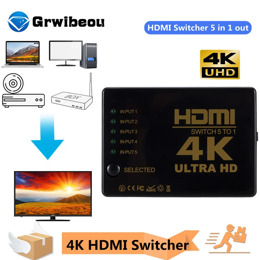 

Grwiebou 5 Port HDMI Switch 3D 1080p 4k Selector Splitter Hub with IR Remote Controller for HDTV DVD BOX HDMI Switcher 5 In1 Out