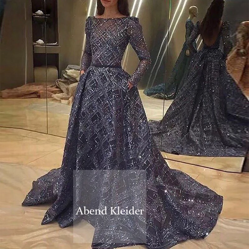 Кружевные вечерние платья темно-синего цвета с блестками и открытой спиной