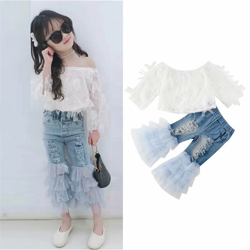 

Летняя одежда PUDCOCO для маленьких девочек, кружевные топы с открытыми плечами + джинсовые брюки с оборками и дырками, комплект одежды