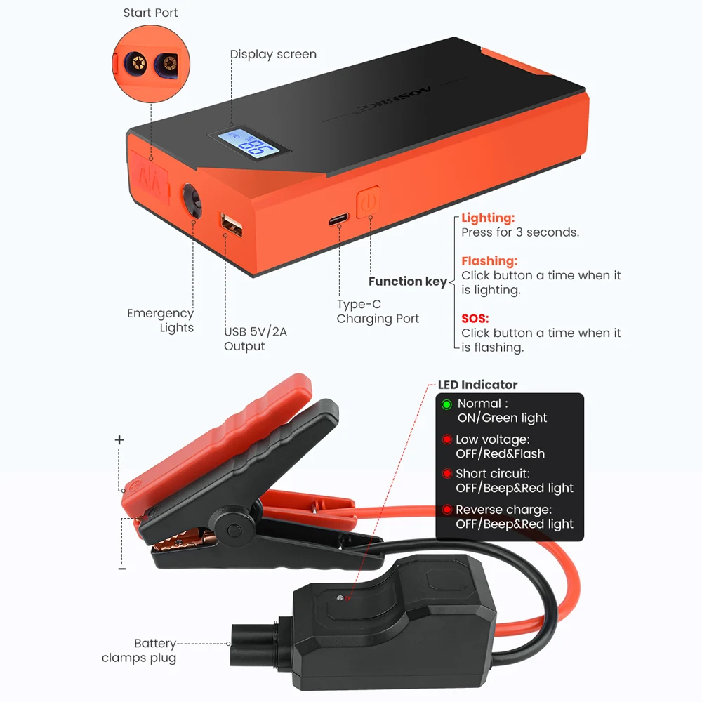 AOSHIKE Booster Jump Starter для автомобиля 12 В мощность 12000 мАч Зарядное устройство