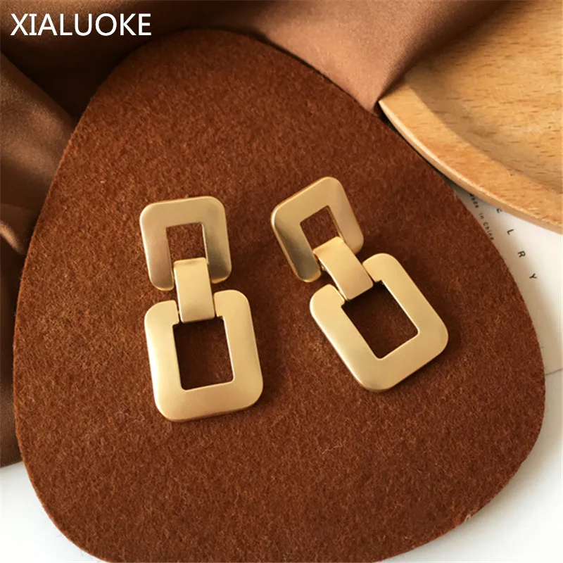 

XIALUOKE Punk Geometric Square Hollow Out Matte Gold Stud Earrings Vintage Hyperbole Minimalist Style Long Earring Women Jewelry