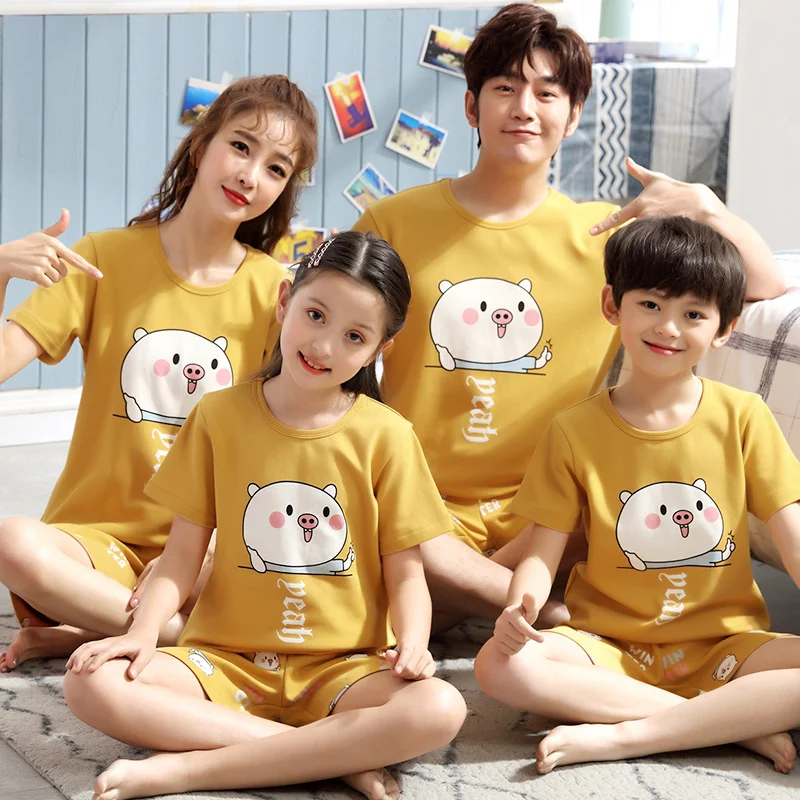 

2021 New Cute Cartoon Parent-Child Pajamas For Boys Girls Children Pure Cotton Sweet Summer Home Wear Tracksuit Kid's Clothes