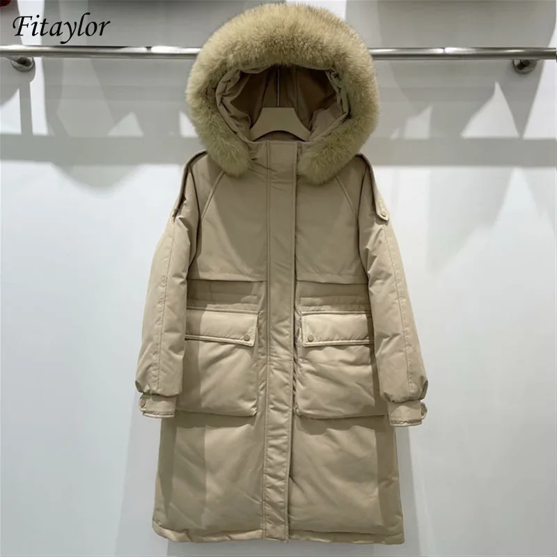 Fitaylor 90% White Duck Down Jacket Women Big Real Raccoon Fur Feather Coat Casual Windproof Warm Winter Long Sleeve Outwear | Женская