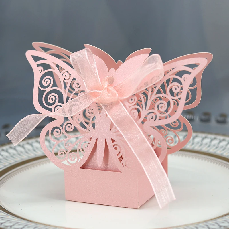 

10/50/100pcs Butterfly Laser Cut Hollow Carriage Favors Gifts Box Candy Boxes With Ribbon Baby Shower Wedding Party Supplies