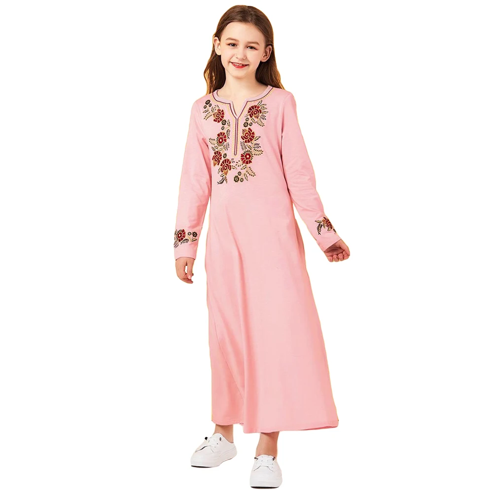 Мусульманская детская одежда для девочек с вышивкой Abaya Платье макси длинным