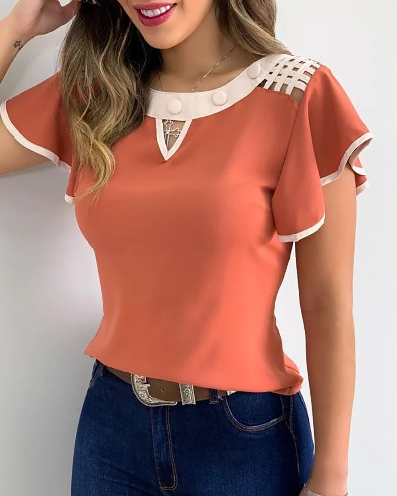 

Women Summer Cutout Ruffles Sleeve Contrast Binding Oversize T-shirt Lady Short Sleeve Colorblock Round Neck Plus Size Top