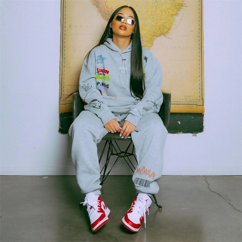 Женский спортивный костюм с длинным рукавом толстовка капюшоном и штаны |