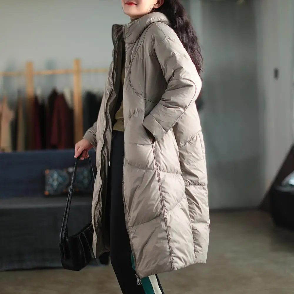 

women's long down jackets, thick black duck down coats for winter, tight loose clothes, women's hooded coats