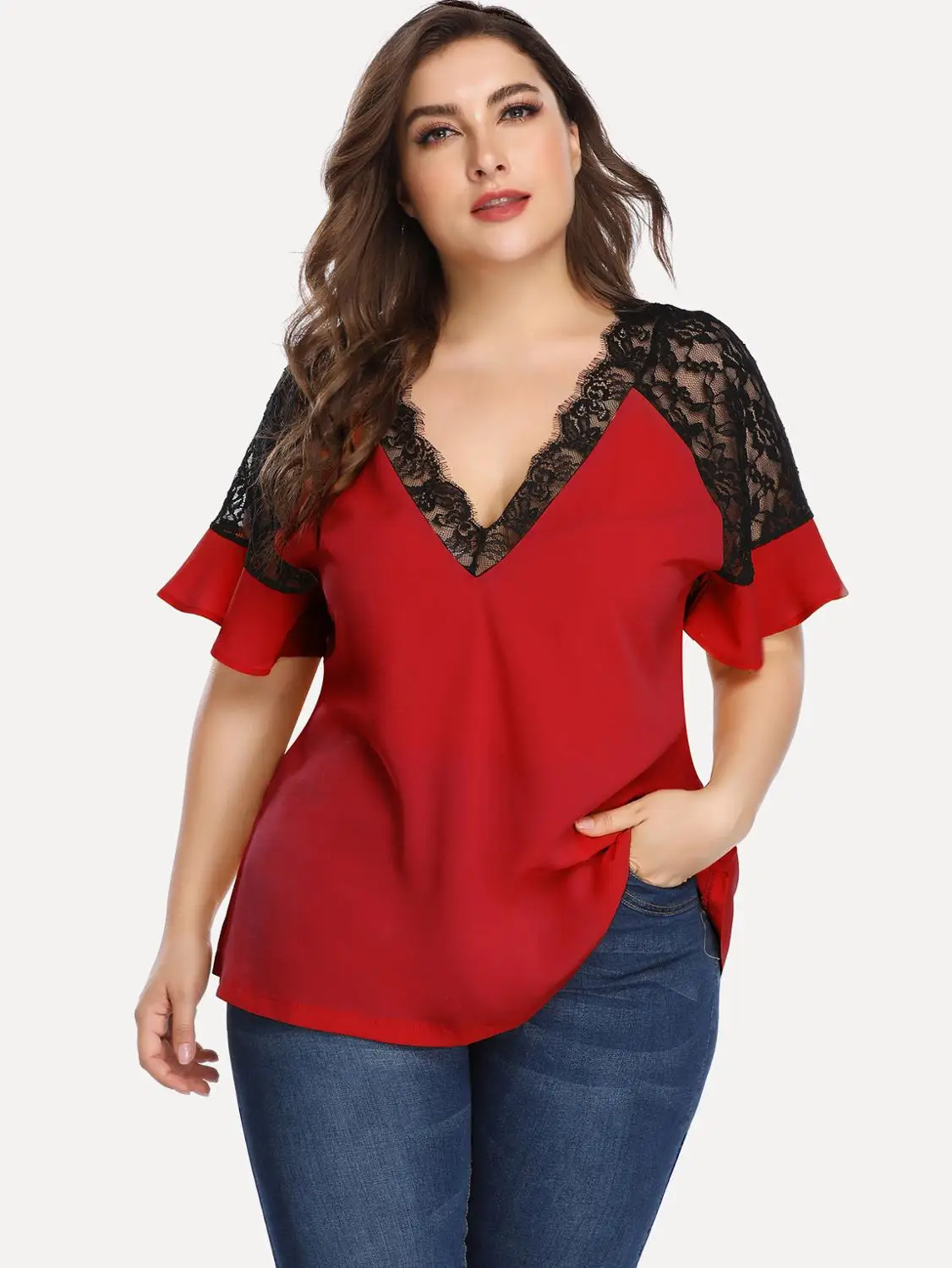 DOIB Women Large Size Tops Blouse Short Flare Sleeve Lace Patchwork Oversize Tops Shirt Summer Plus Size Blouse 4XL