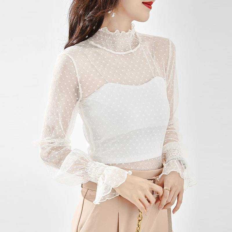 Lace Tees Women Dot Mesh Long Sleeve Tshirt Tops Thin Mock Neck Elegant Basic Vintage Korean Black Hollow Out Sheer T Shirt 2021