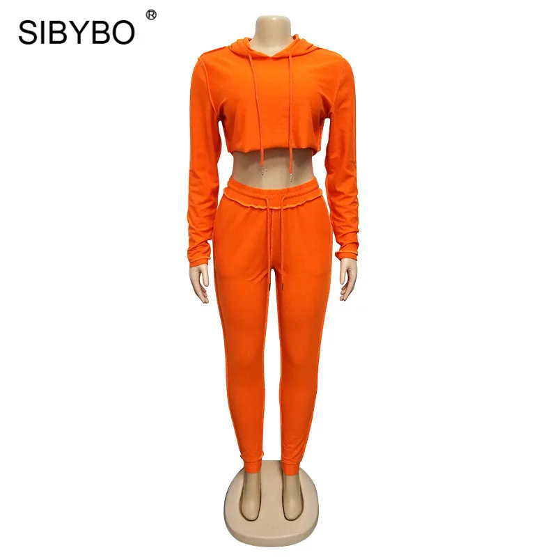 SIBYBO осень с капюшоном повседневные женские толстовки и брюки комплект с длинным рукавом спортивная одежда комплект из двух предметов Женские Карманы Тонкий сексуальный женский комплект