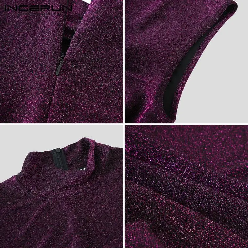 

INCERUN Fashion Shiny Men Jumpsuit 2021 Turtleneck Sexy Pockets Sleeveless Romper Pants Stage Party Nightclub Men Overalls S-5XL