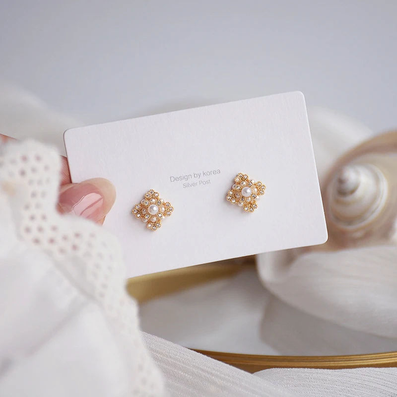 

New Trendy Charm 14K Real Gold Plated Pearl Square Earrings for Women Jewelry AAA Zircon S925 Silver Needle Stud Party Fine Gift