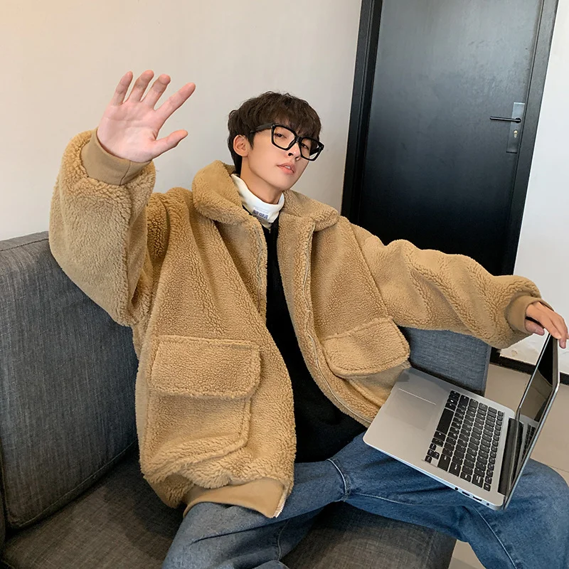 Мужская зимняя куртка оверсайз из овечьей шерсти однотонная в Корейском стиле