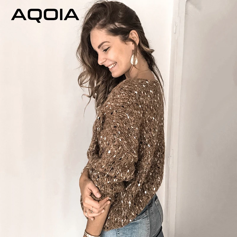 AQOIA, корейский стиль, люрекс, сексуальный женский свитер размера плюс, v-образный вырез, вязаный женский свитер, пуловер,, осенняя, зимняя одежда
