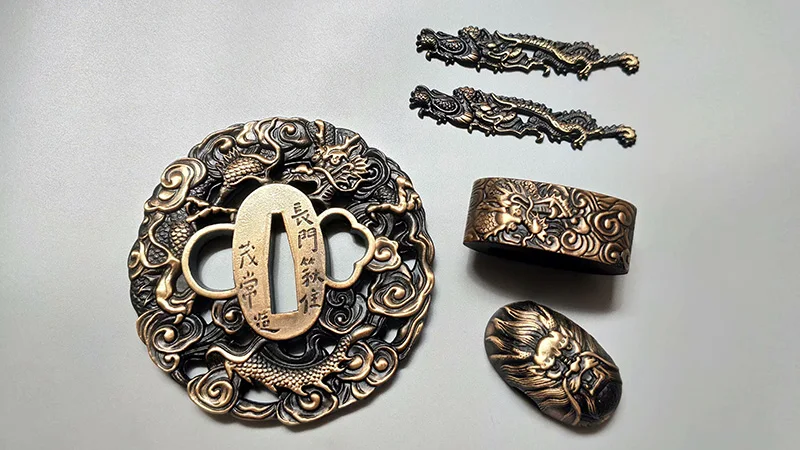 Набор из латуни сделать гвардии Цуба В Форме Дракона Menuki Fuchi Кашира для японский