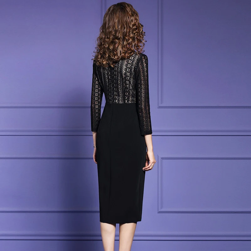 

2021 New Fashion Designers Lady Spring Long Sleeve Lace Patchwork Ruffles Party Office Dress Plus Size Woman Clothes Sexy Robe
