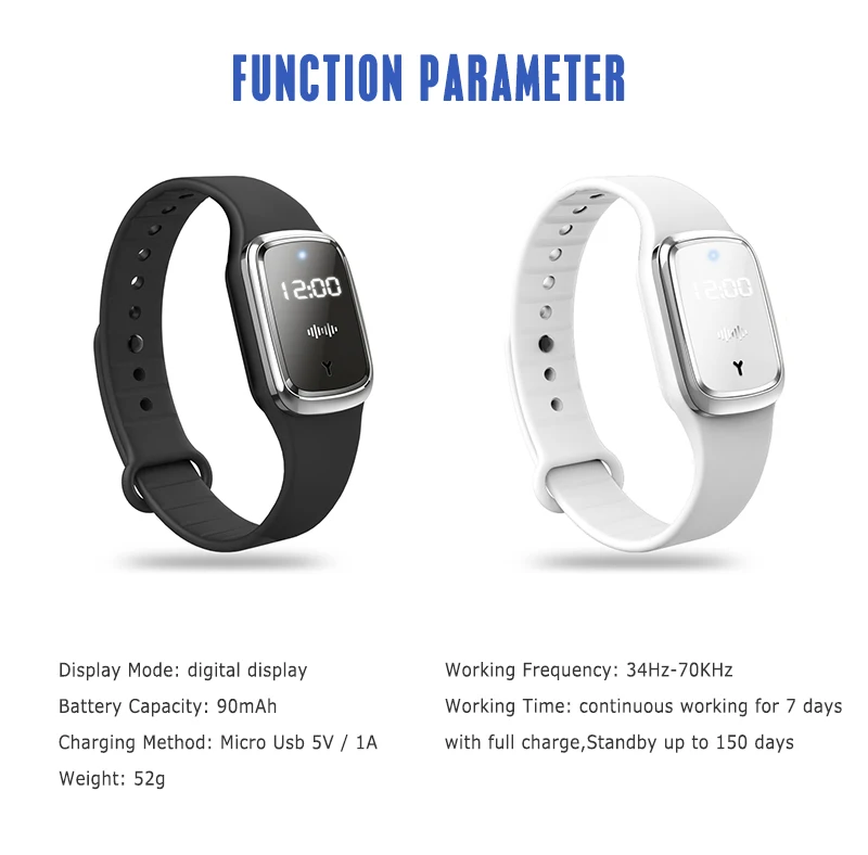 

Ultrasonic Anti Mosquito Insect Pest Bugs Repellent Repeller Wrist Bracelet Kid Wrist Bracelet LED Time Display Smart Wear Home